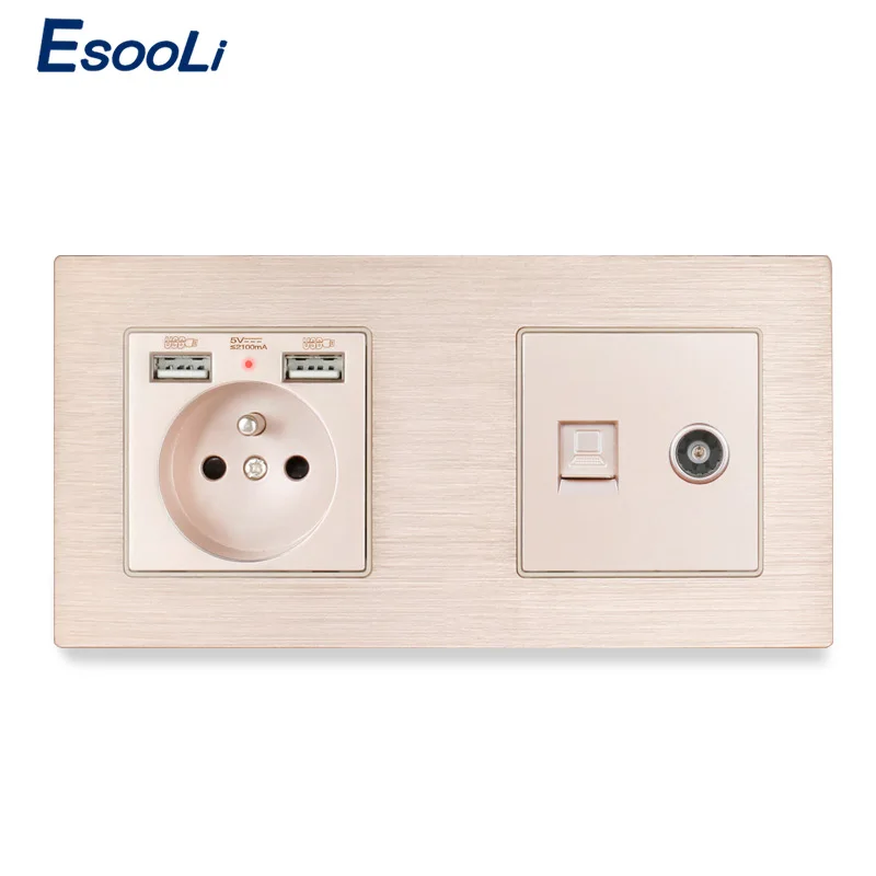 Французская алюминиевая металлическая панельная розетка Esooli с разъемом USB RJ45 для