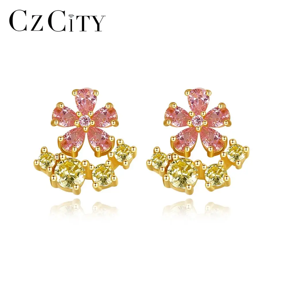 

CZCITY New Cute Pink Flower Stud Earrings for Women Delicate Cubic Zircon Earrings Silver 925 Fine Jewelry Dating Accessories