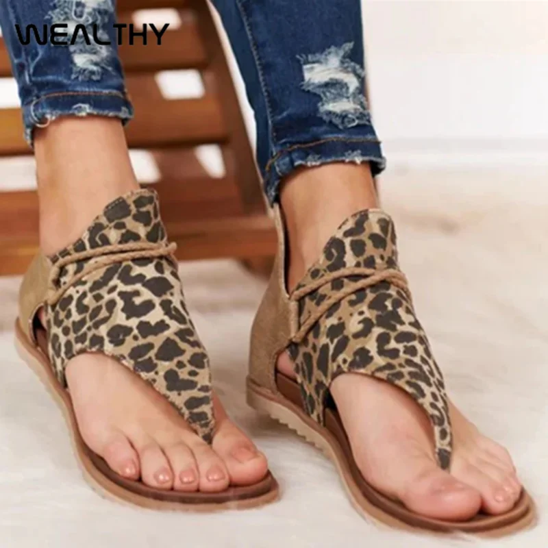 Богатые женские сандалии леопардовая летняя пляжная обувь плоские