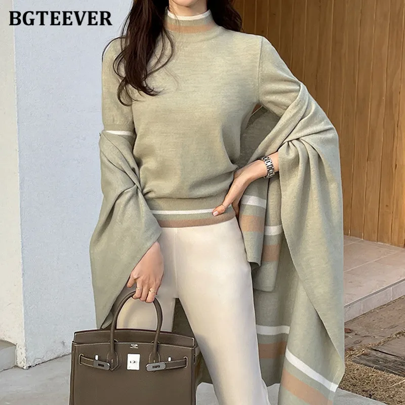

BGTEEVER Autumn Winter Ladies 2 Pieces Sweater Set Casual Short Sleeve Pullovers & Shawl Knitted Oversized Women Cardigans 2021