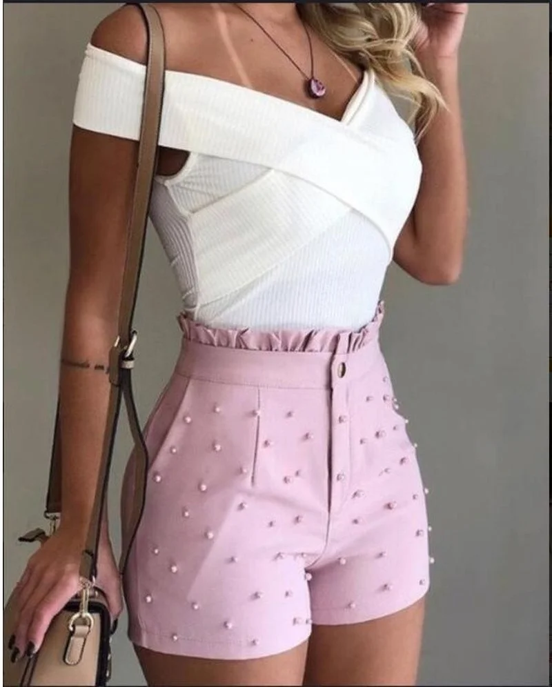 

2021 Women Summer Solid High Waist Elegant Style Female Skinny Short Beaded Slim Fashion Sexy Shorts Plus Size Casual Streetwear