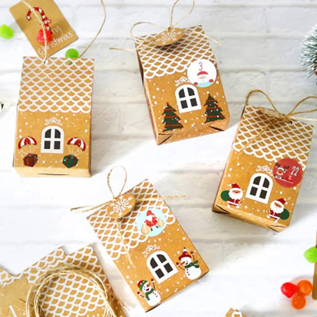 

5Pc House Shape Christmas Gift Box Kraft Paper Creative Candy Cookie Box Birthday Christmas New Year Decoration