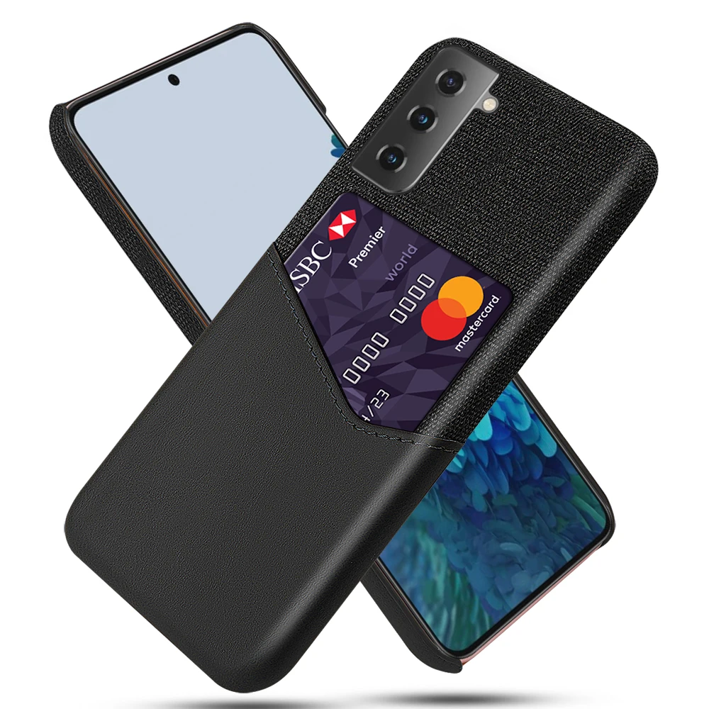 

S21 Plus Shockproof Case for Samsung Galaxy S21 Ultra 5G Fitted Cover Business Fabric + Luxury Leather Card Holder