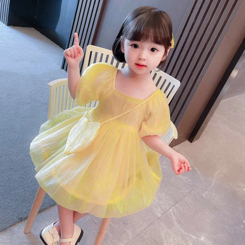 

Yellow Princess Dress Age For 1 - 8 Years Baby Girls Korean Style Puff Sleeve Dresses 2021 New Summer Casual Beach Loose Frocks