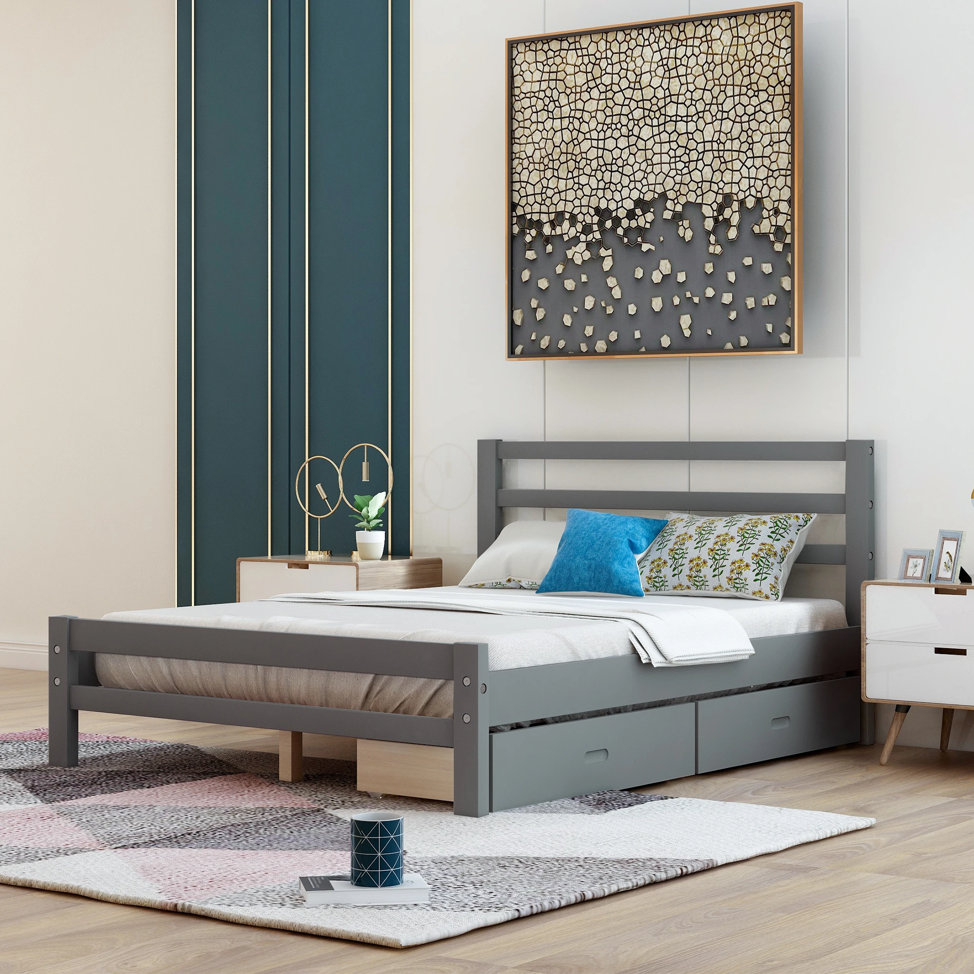 

Деревянная платформа с двумя ящиками, Премиум двуспальная кровать (серый)