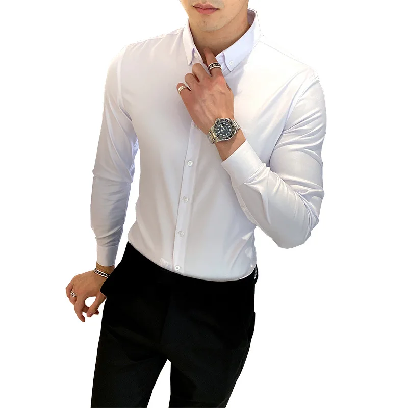 

Long sleeve men's shirt men's autumn winter Korean fashion slim fit business leisure 2021 new solid color professional white