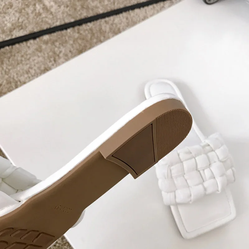 

2021 New Brand Women Weave Slippers Square Toe Flat Casual Sandal Shoes Ladies Open Toe Summer Flip Flops Female Beach Slides