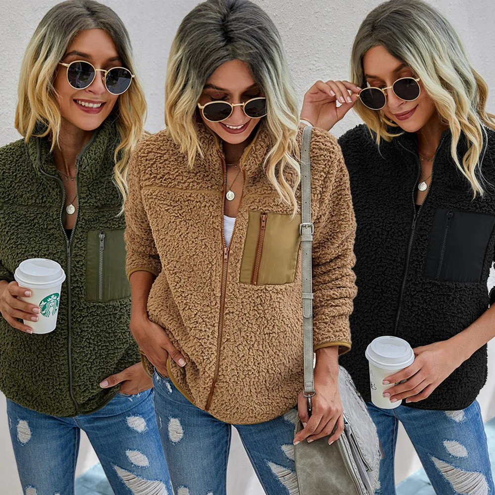 

Autumn and winter pocket zipper plush padded women's jacket