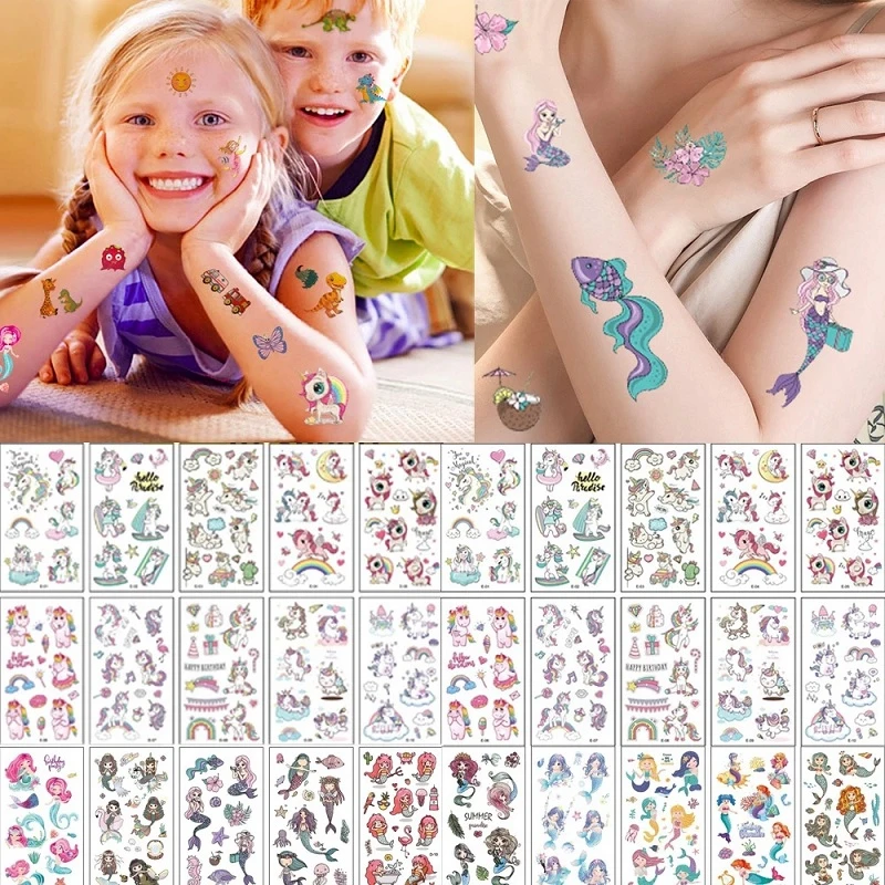 Pegatinas de tatuajes temporales para niños, calcomanías con dibujos de unicornios, maquillaje corporal, fiesta de sirena, 10 hojas por lote