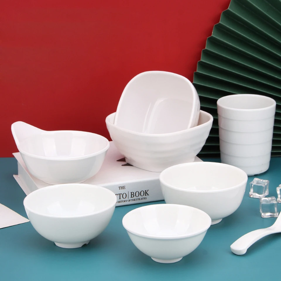 

White Small Bowl Commercial Imitation Porcelain Plastic Bowl Fast Food Meal Soup Bowl Hot Pot Seasoning Anti-fall Noodle Bowl