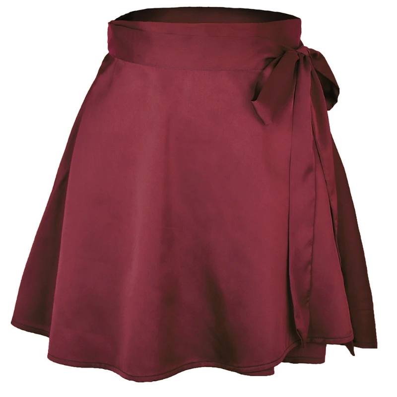 

U90E Women High Waist Satin Tie Wrap Solid Color A-Line Pleated Flared Hem Mini Skirt