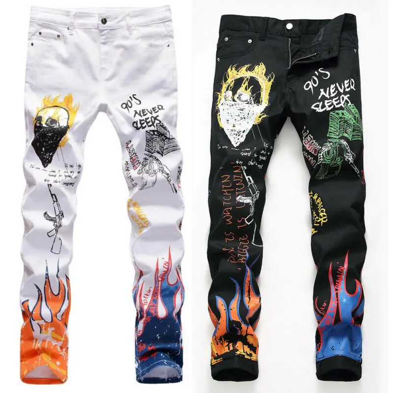 

Men's Stretch Elastic Pattern Printed Straight Jeans Denim Mode Trousers Pant