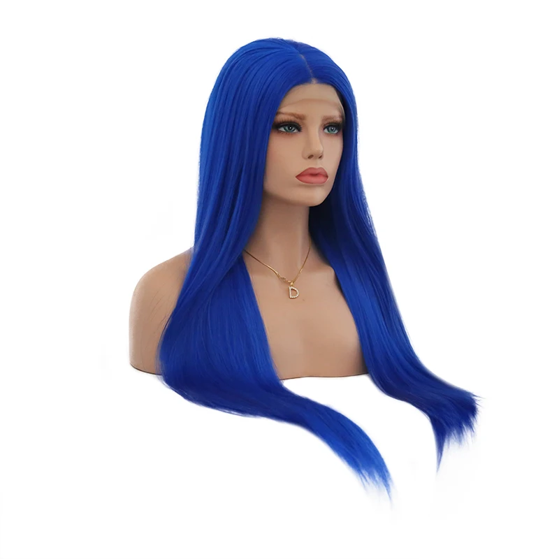 

RONGDUOYI Blue Long Stright Synthetic Lace Front Glueless Heat Fiber Hair Royal Blue Silky Stright Wigs for Women Girls Cosplay