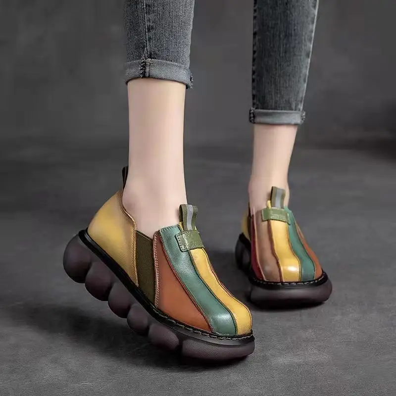 

Autumn New Fashion Ethnic Style Retro Handmade Rainbow Color Female Leather Thick Sole Cake and Casual Shoes Zapatillas Mujer