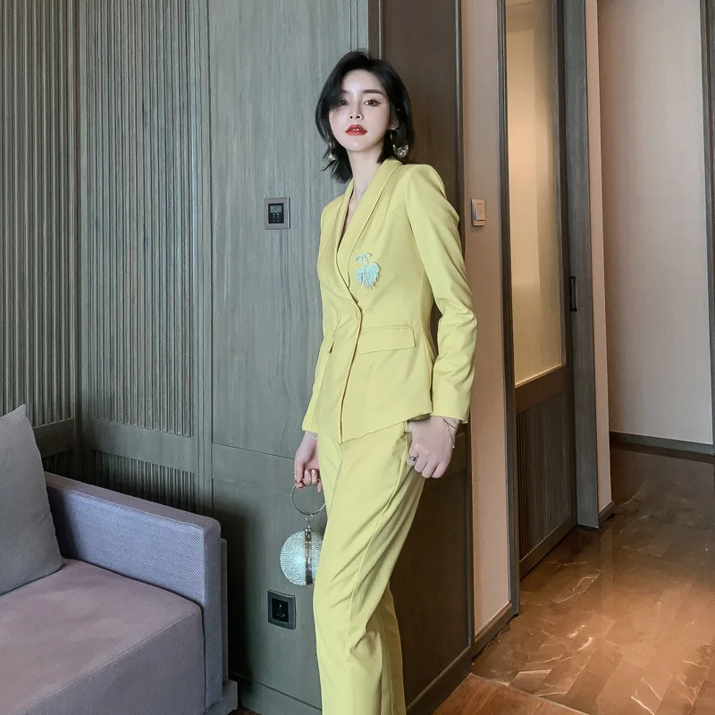 Business Lady Autumn Elegant High Quality OL Work Suit Yellow Women's Business Suit Blazer Jacket Trousers 2 Piece Set Costume