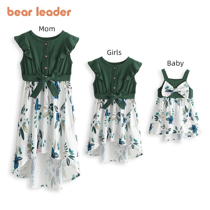 

Bear Leader Family Matching Outfits New Fashion Girls Patchwork Dress Kids Flowers Costumes Mother Elegant Sleeveless Outfits