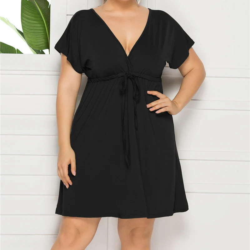 

Summer Dress 2021 Women Boho High Weist Beach Solid Lace-up Dress Lady Sexy Sleeve Backless Deep V Neck Plus Size Casual Vestido