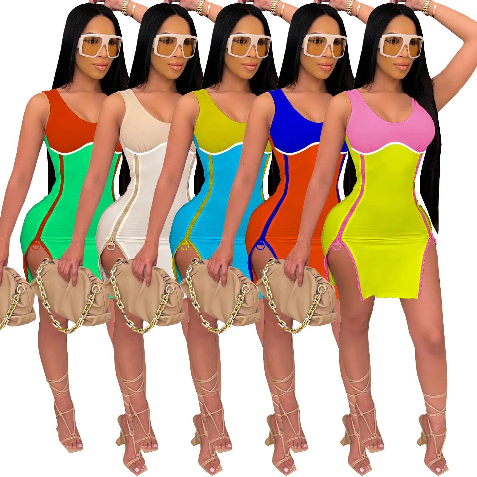 

2021 Summer New Style Hit Color Sexy Fashion Pull Strip Wrapped Chest Double Zipper Split Hip Dress