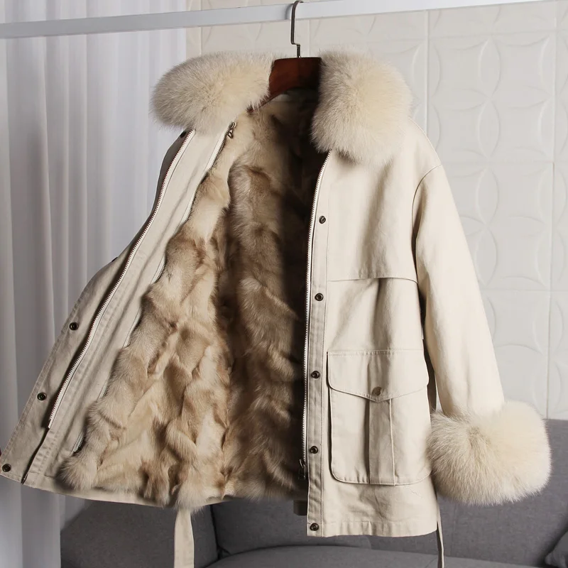 

2021 Winter Warm Jacket Fox Fur Liner Natural Fox Fur Collar Real Fur Parka Detachable Short Coat Thick Snow Outerwear