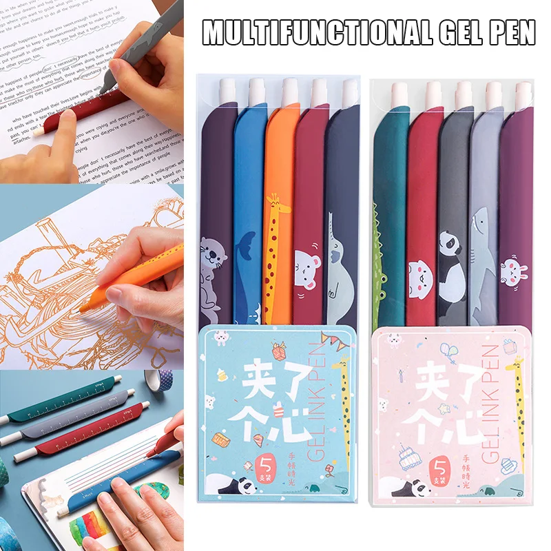 

5 шт./компл. 3 в 1 многофункциональная ручка Цвет Ретро гелевая ручка Закладка-линейка для студентов скрап-принимая во внимание искусство пиш...