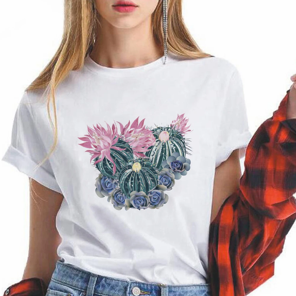 

Cactus Tshirt Women Rose Flower Prickly Pear Art Printed T Shirt Fashion Korean Personalized Style Oversize Tshirt Femme
