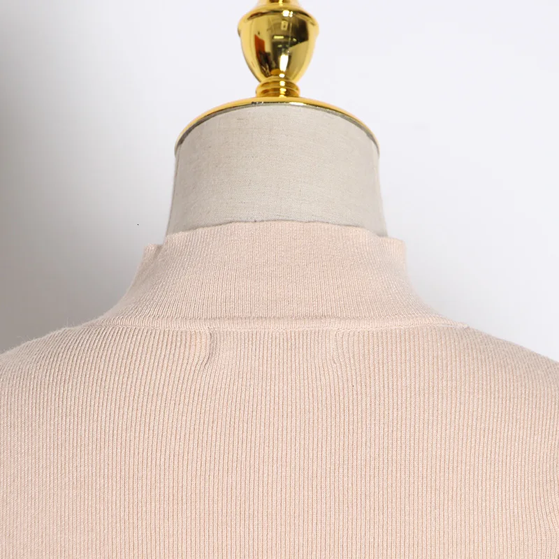 

2021 Spring Solid Puff Long Sleeve Femme Robe Simple Slim Bodycon Elegant Women Dresses Half High Collar Knitted Vestidos 13A143