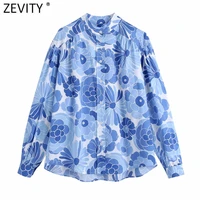 zevity new women vintage stand collar blue floral print blouse female long sleeve chic kimono shirt oversized blusas tops ls9334