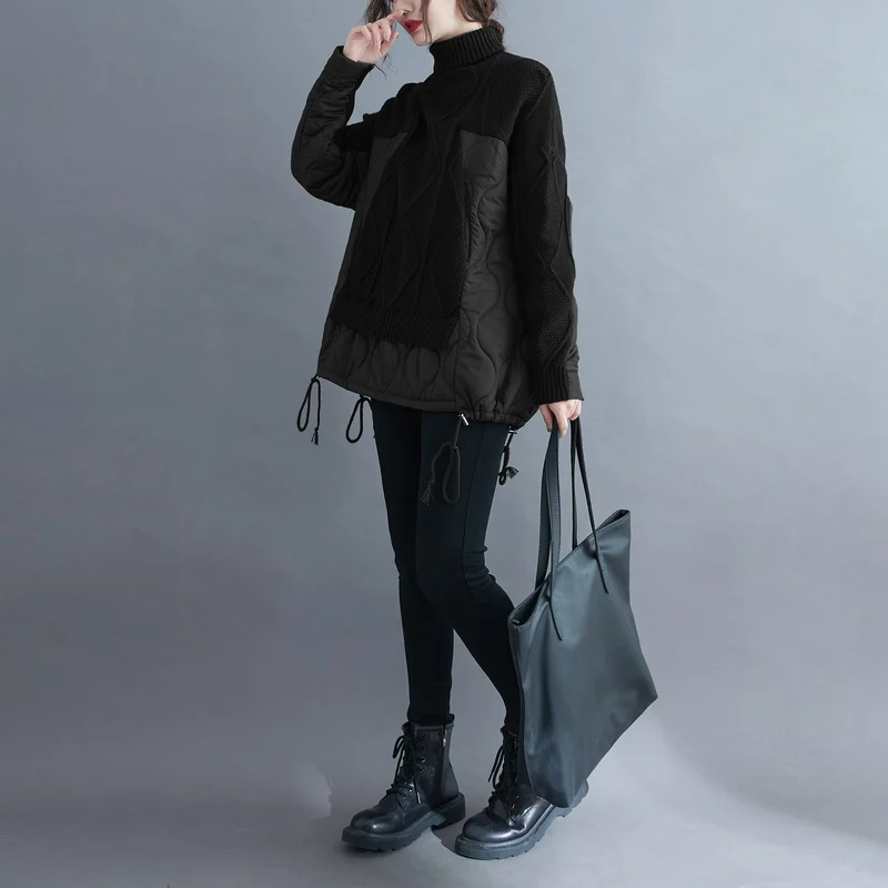 

SuperAen Autumn Winter 2021 New Plus Size Fashion Cotton-padded Clothes Patchwork Turtleneck Sweater Women Loose Slim
