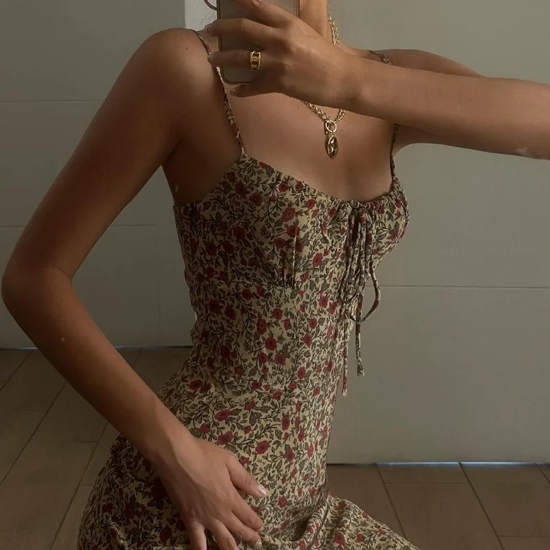 

Floral Cottagecore Strap Tie Front Dress Women Party Birthday Outfits Sleeveless Summer Fairy Sundresses Vestido