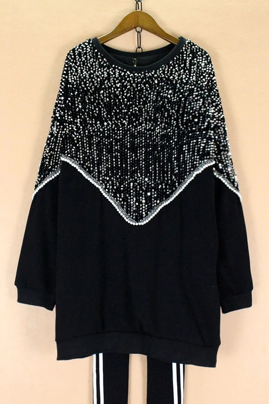 

SuperAen Autumn and Winter New Plus Size Loose O Neck T-shirt Women Full Sequined Patchork Bottoming Top