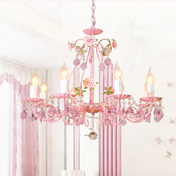 Бесплатная доставка Цветочная люстра Lustre Light 8arms розовая роза светильник E14 D66cm