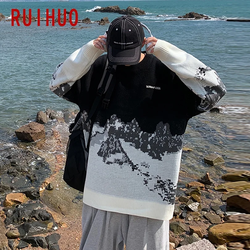 

RUIHUO Snow Mountain Print Knitted Sweater Men Clothing Harajuku Sweaters Pullover Men Sweater Fashion Mens Clothes M-2XL 2021