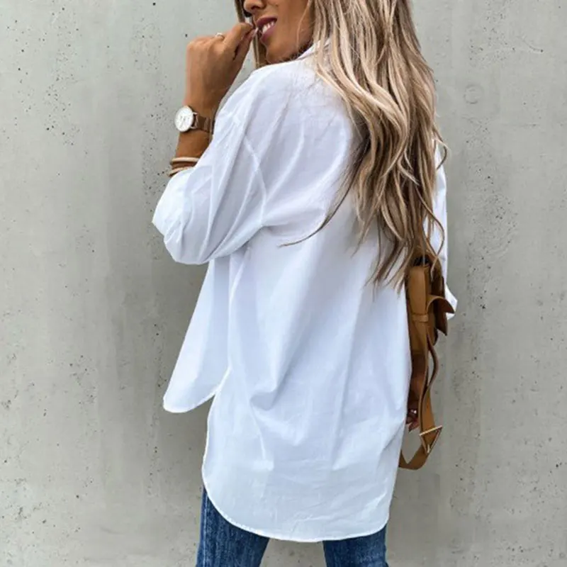 Women Shirts Spring White Black Loose Oversized Lady Long Sleeve Shirt Two Pockets Plus Size Top Casual Turn-down Collar Blouses