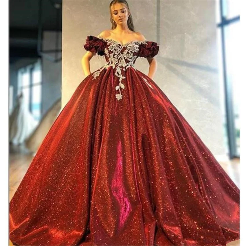 

Glitter Ball Gown Evening Dresses Burgundy Sequined Appliqued Off Shoulder Sweep Train Formal Party Gowns Custom Made Prom Dress