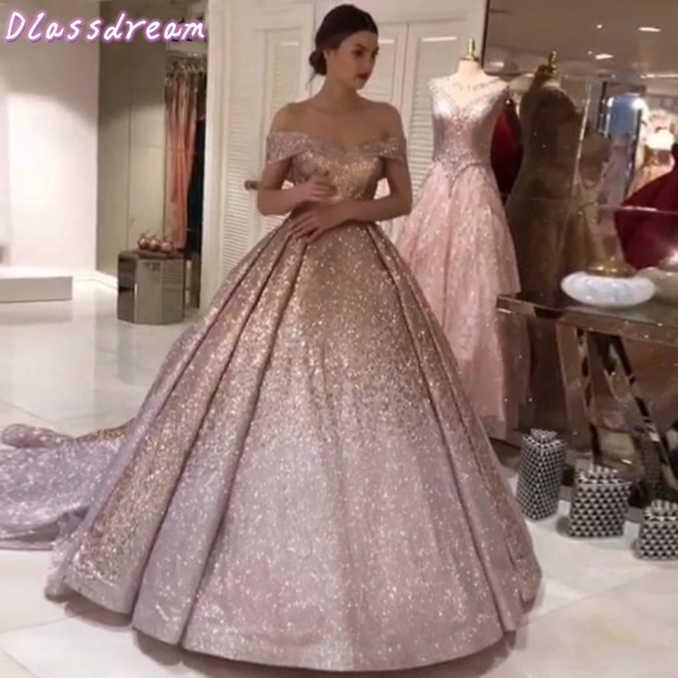 

Sequins Pink Ball Gown Formal Evening Dresses 2020 Women Sparkle Robe De Soiree Sequins Off Shoulder Party Long Shiny Prom Gowns