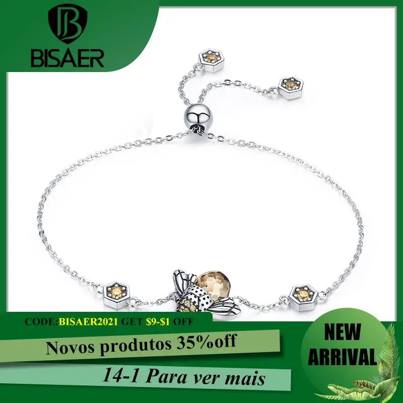 

BISAER Bracelets Genuine 100% 925 Sterling Silver Bees Flying And Honeycomb Original Bracelet For Women Silver Jewelry HSB043