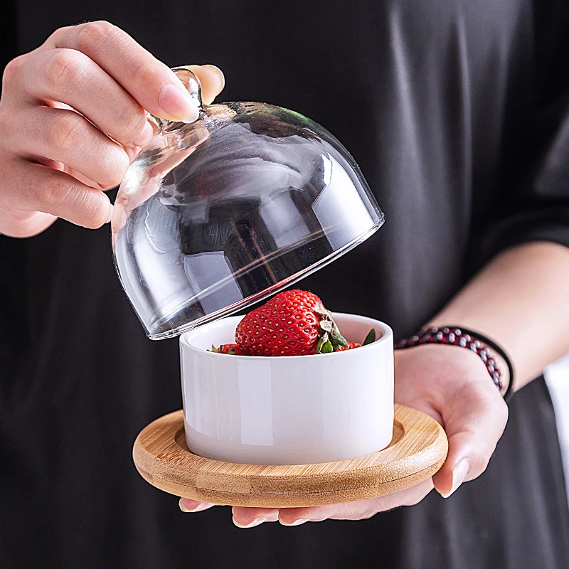 Ceramic Dessert Fruits Salad Ice Cream Bowl Snack Plate Pudding Cup With Bamboo Wood Tray Glass Cover Home Creative Tableware | Дом и сад