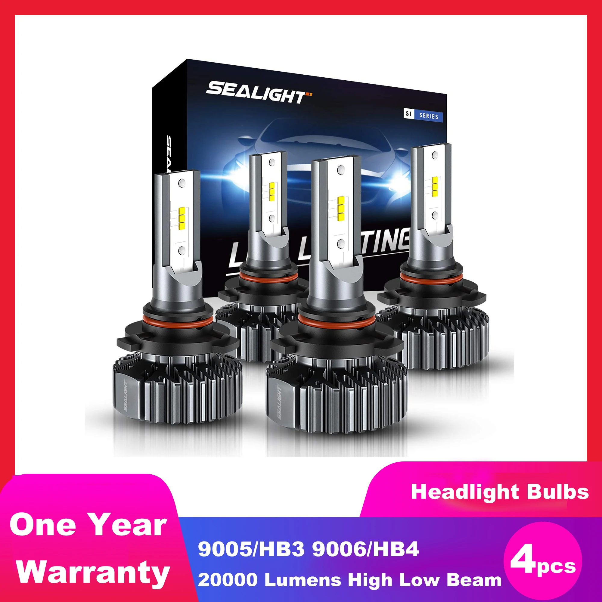 

SEALIGHT 4pcs 9005/HB3 9006/HB4 LED Headlight Bulbs 20000 Lumens High Low Beam Combo Conversion Kit Hi/Lo 6000K White Lights