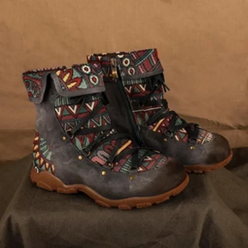 WENYUJH; коллекция года; женские ботинки с вышивкой; сезон осень-зима; Boho; женские полусапожки с круглым носком; женские ботинки на шнуровке; повседневная обувь; Прямая поставка