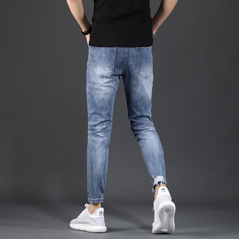 

Summer Men Ripped Jeans Streetwear Blue Destroyed Hole Denim Trousers Casual Stretch Slim Fit Ankle-Length Pants