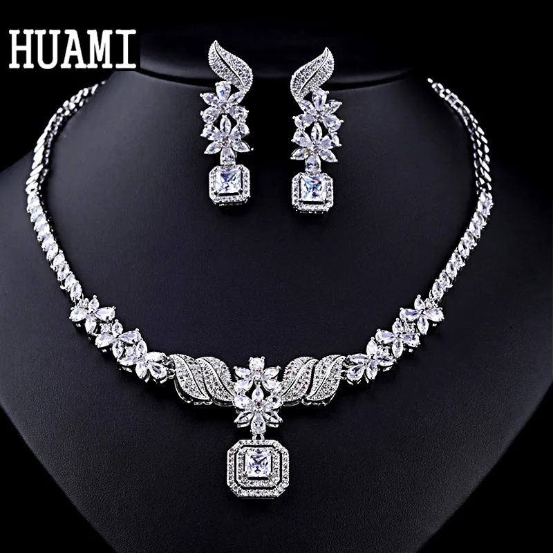 

HUAMI New Creative Leaf Drop Zircon Pendant Necklace Earrings Set Women Wedding Bridal Jewelry Set Anniversary Lady Gifts