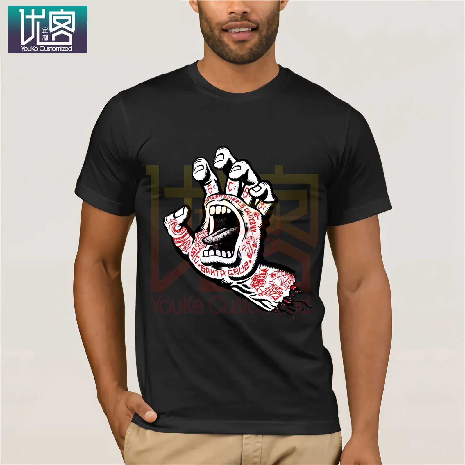 Санта кричащая Татуировка рука скейтборд удивительные с коротким рукавом