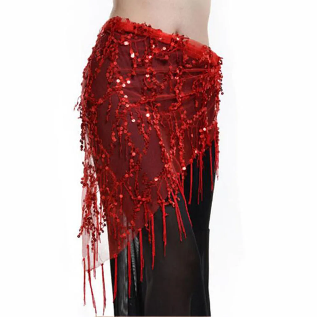 

Lady's Belly Dance Sequins Triangle Hip Scarf With Tassel Red