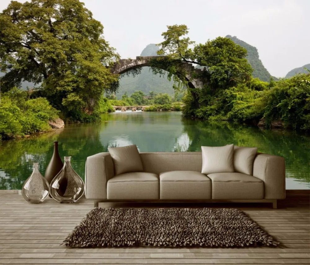 

Drop Shipping Custom Wallpaper Home Furnishings Mural Bridge Water Green Fresh Sofa 3d Background Wall Mural Photo 3d Wallpaper