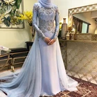 Дубай Кафтан с длинным рукавом Вечерние платья 2021 с цветами из бисера Кружева синие арабские мусульманские хиджаб вечерние платья женское платье для вечеринки