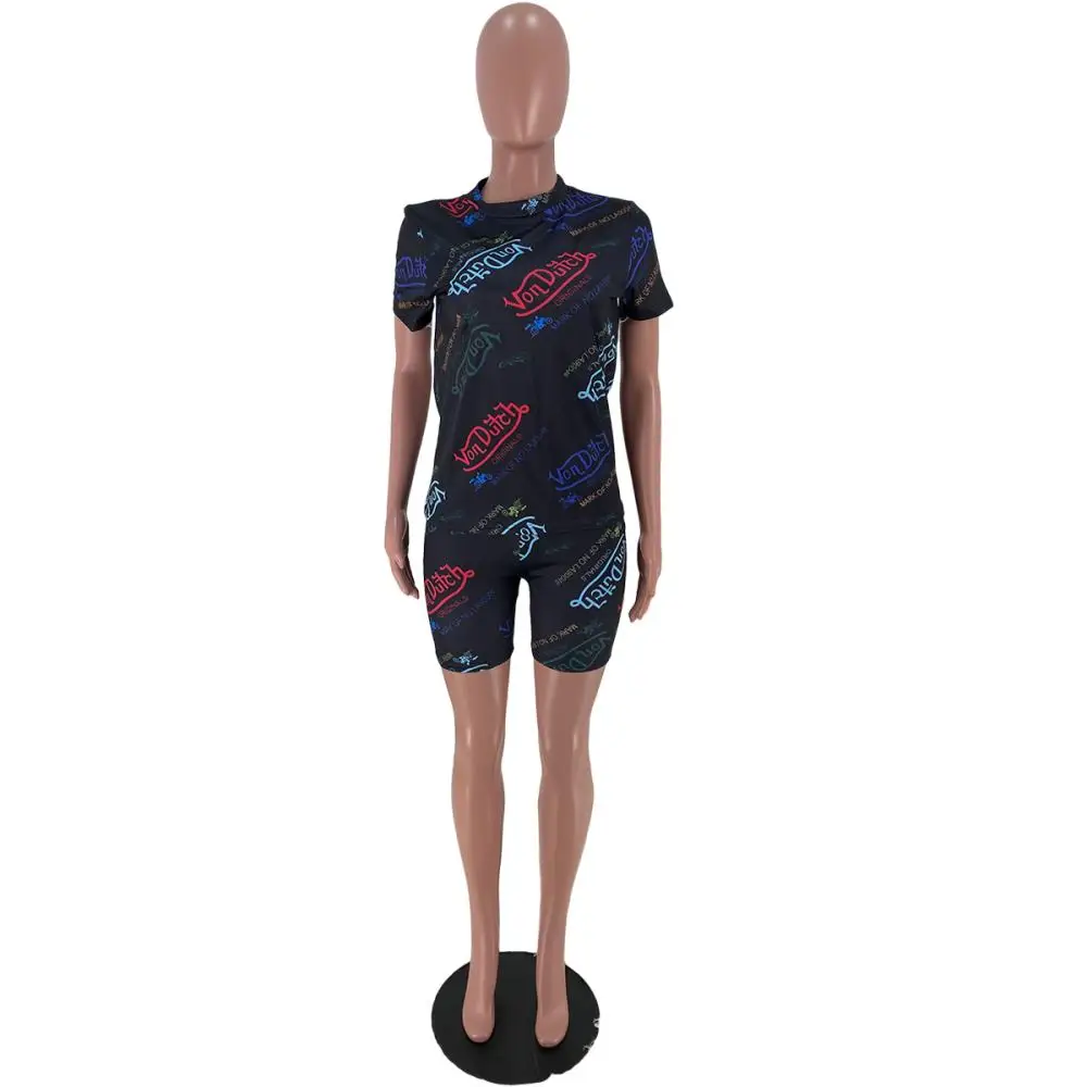

Fashionable Tracksuits 2 Pieces Suit for Women Casual Print Round Neck Short Sleeve T Shirt Top Tight Mini Shorts Sexy Sportwear