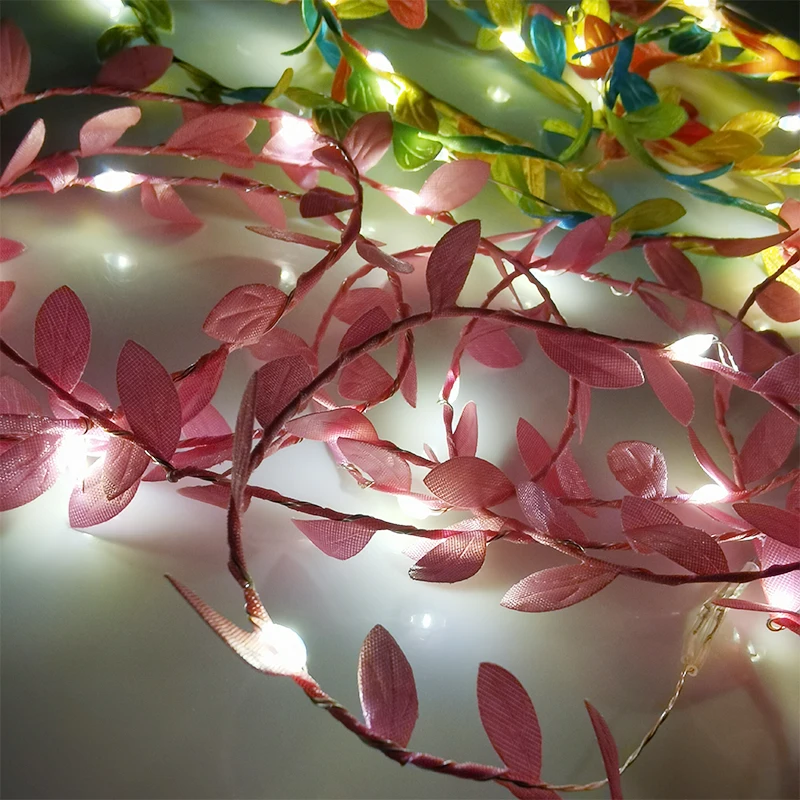 

2M 20LED Warm White Green Leaf Garland String Lights LED Flexible Copper Artificial Leaf Vine for Birthday Wedding Decoration