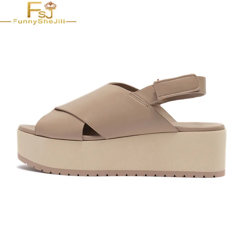 

FSJ Taupe Platform Wedge Heel Cross Strap Peep Toe Women Sandals Fashion Slingback Leather Female Summer Party Work Shoes 2021