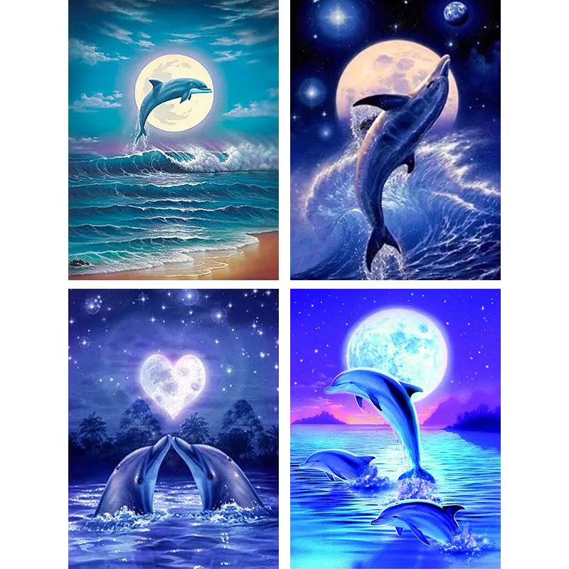 Полная дрель 5d алмазная картина Дельфин Луна Алмазная вышивка океан животный