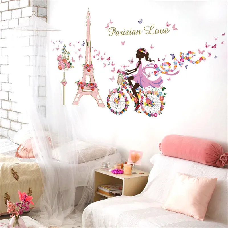 

Romantic Paris Wall Sticker For Kids Rooms Eiffel Tower Flower Butterfly Fairy Girl Riding Wall Art Decal Home Decor Mural